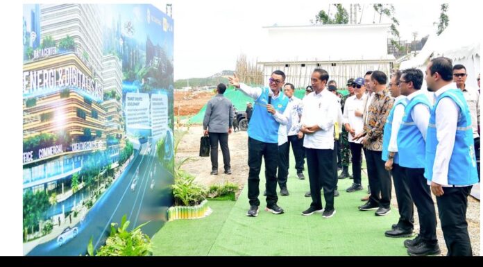 Presiden Jokowi melakukan peletakan batu pertama atau groundbreaking PLN HUB di Kawasan Ibu Kota Nusantara (IKN) berbasih energi hijau. berbasis energi hijau
